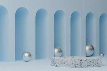 3d rendering empty cylinder podium on light blue background. Abstract scene for product display.