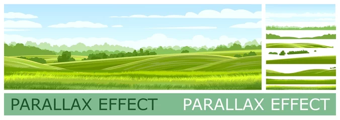 Foto op Plexiglas Landelijk landschap met moestuinen en weilanden. Stevige lagen voor het vouwen van de afbeelding met een parallax-effect. Vector © WebPAINTER-Std