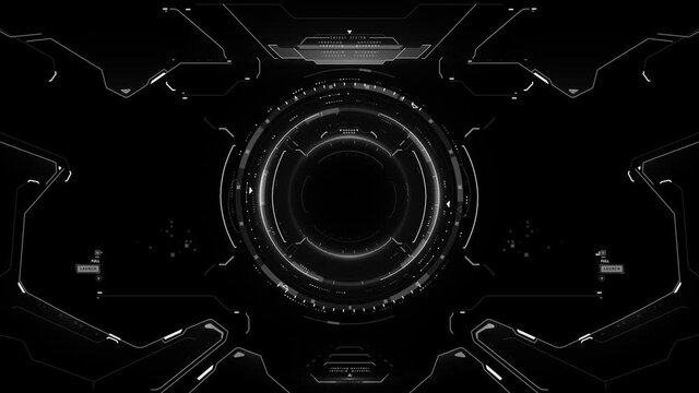 Sci-Fi Virtual Reality technology view display. The facial interface scans or analyzes data with a circular target. Futuristic display with control panel for game users. Animation concept