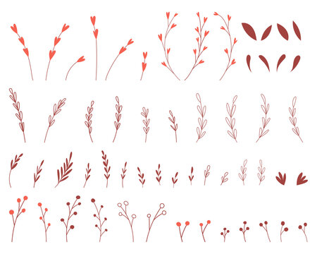 A set of simple botanical elements. Twigs, leaves, sprigs with hearts, berries in childish style. Boho colors. Flat vector illustrations isolated on a white background.