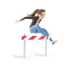 3d cartoon woman jumping over hurdle