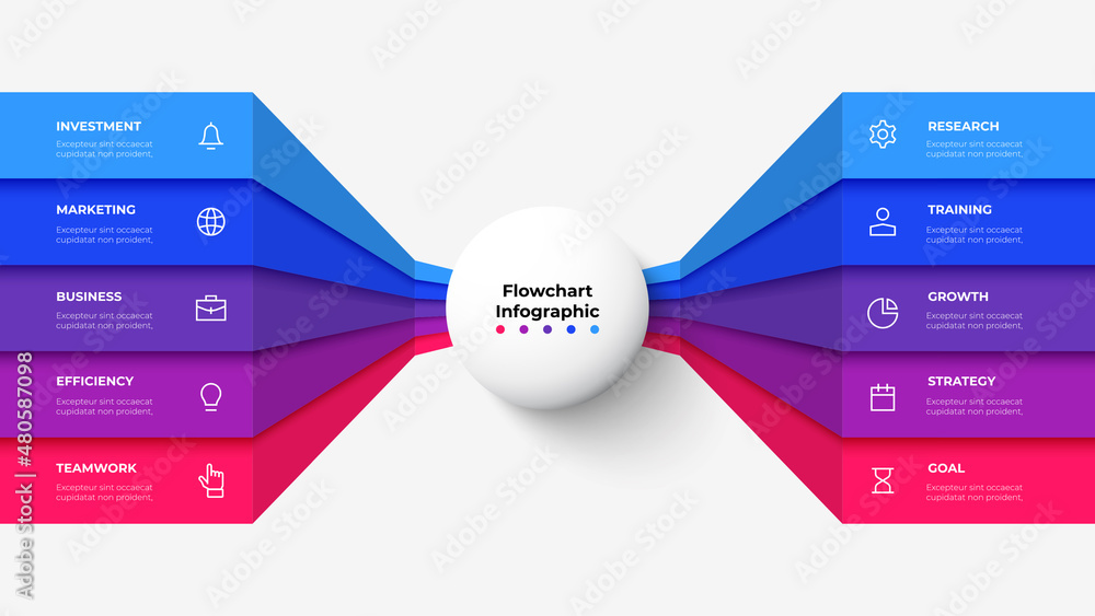 Poster White circle in the center with colorful stripes on the sides. Abstract flowchart infographic with 10 options