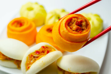 Massaman vegetable rose bun, Steam cooked seasoned vegetables, coated in a massaman curry paste and wrapped in a rose shaped dough bun