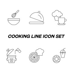 Cooking, food and kitchen concept. Collection of modern outline monochrome icons in flat style. Line icon set of mixer, bowl in cloche, tea and cupcake, cooking, fast food