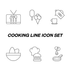 Cooking, food and kitchen concept. Collection of modern outline monochrome icons in flat style. Line icon set of cooking show, ice creams, eggs, tea drinking, frying of omelet, chefs hat by hamburger