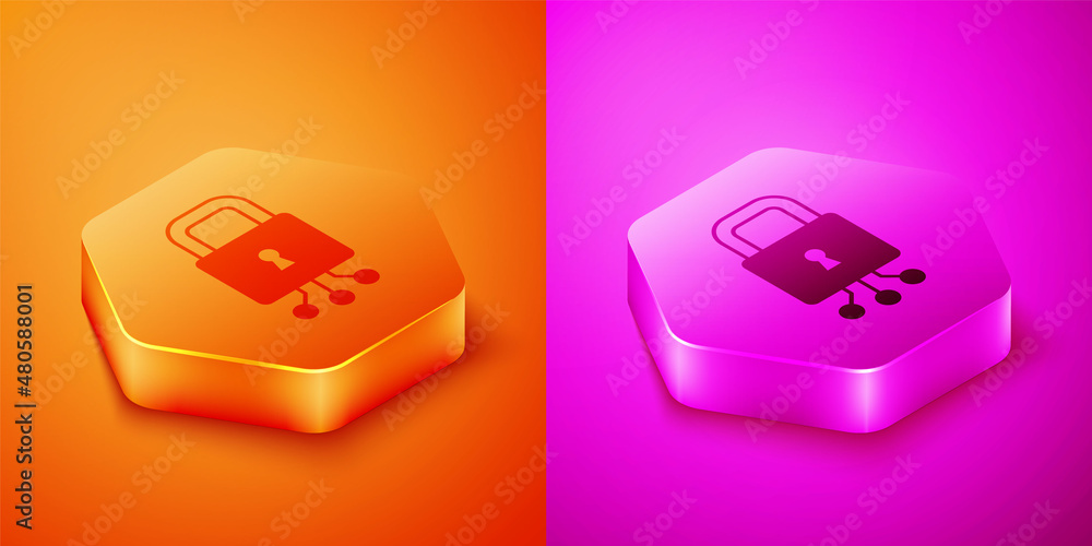 Poster isometric cyber security icon isolated on orange and pink background. closed padlock on digital circ