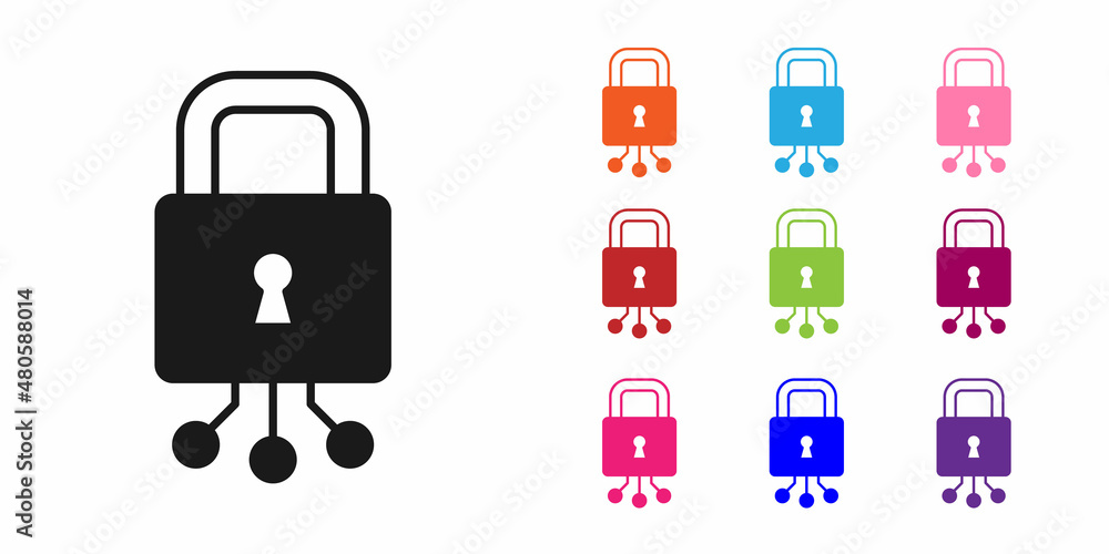 Poster black cyber security icon isolated on white background. closed padlock on digital circuit board. saf