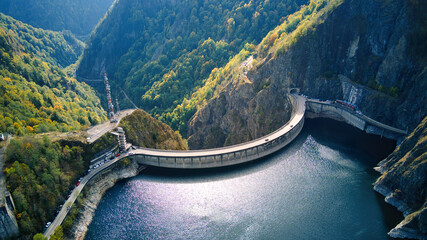 Aerial drone view of Vidraru dam in Romania - obrazy, fototapety, plakaty