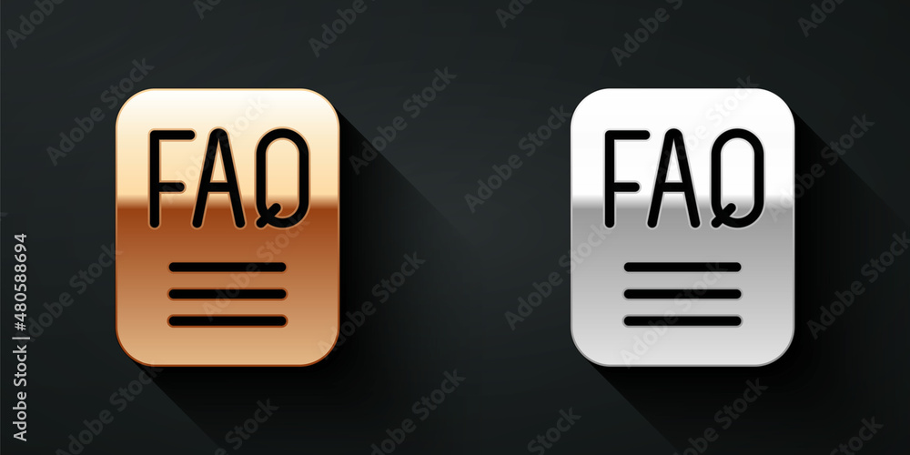 Poster gold and silver speech bubble with text faq information icon isolated on black background. circle bu