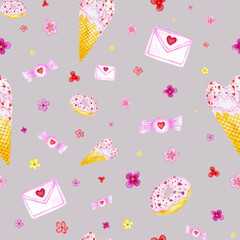 Valentine's Day celebration seamless pattern. Cute elements about love and romance  - sweets, love letters and candies. For wrapping paper, cards, backgrounds, postcards, congratulations and print