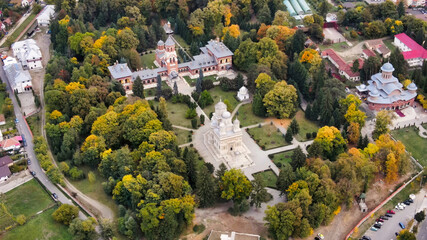 Aerial drone view of The Cathedral of Curtea de Arges, Romania