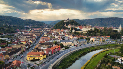 Aerial drone view of the Historic Centre of Sighisoara, Romania - obrazy, fototapety, plakaty