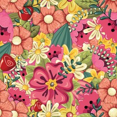 Obraz na płótnie Canvas Beautiful, bright seamless pattern of different gorgeous flowers and twigs. For the design cards, banners, textiles, wallpaper. Vector illustration. Hand-Drawn.