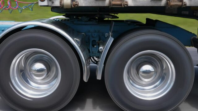 Driving beside commercial tractor trailer. Detail of chome wheels and trailer hitch. Highway driving in Ontario, Canada.