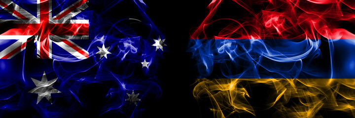 Flags of Australia, Australian vs Armenia, Armenian. Smoke flag placed side by side on black background