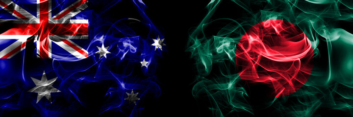 Flags of Australia, Australian vs Bangladesh, Bangladeshi. Smoke flag placed side by side on black background
