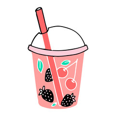 Summer cocktail made from berries and fruits. A glass with a drink. Vacation accessories. Vector illustration isolated on a white background.