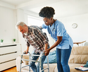 nurse doctor senior care caregiver help walker assistence retirement home nursing elderly man black health support - Powered by Adobe