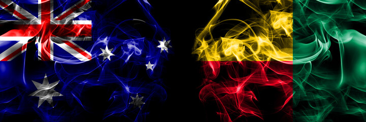 Flags of Australia, Australian vs Benin, Beninese. Smoke flag placed side by side on black background