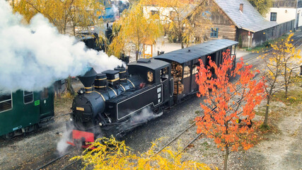 Steam train Mocanita at the railway station in Viseu de Sus, Romania - obrazy, fototapety, plakaty