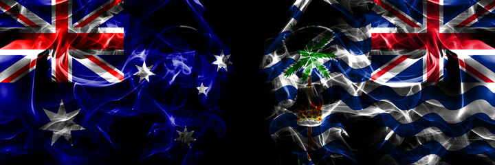 Flags of Australia, Australian vs British, Britain, Indian Ocean Territory. Smoke flag placed side by side on black background