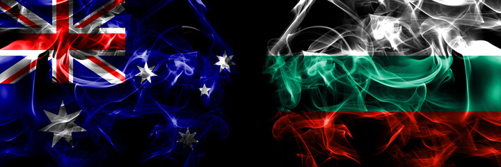 Flags of Australia, Australian vs Bulgaria, Bulgarian. Smoke flag placed side by side on black background