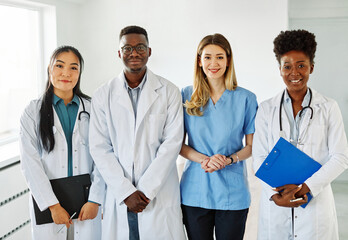 doctor woman portrait hospital team man nurse medical health medicine diversity unity multiracial black asian healthcare uniform clinic teamwork group