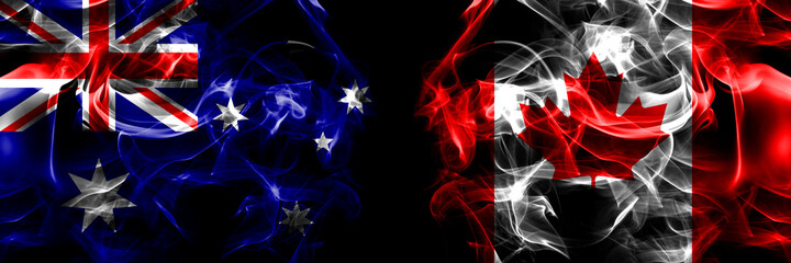 Flags of Australia, Australian vs Canada, Canadian. Smoke flag placed side by side on black background