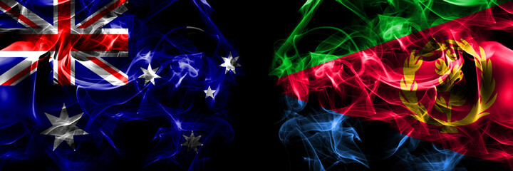Flags of Australia, Australian vs Eritrea, Eritrean. Smoke flag placed side by side on black background