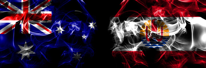 Flags of Australia, Australian vs France, French Polynesia. Smoke flag placed side by side on black background