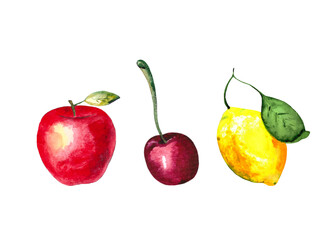 Juicy cherry, lemon and red apple berries isolated on a white background. Watercolor drawing for decoration and design on the theme of nature, food and vitamins.
