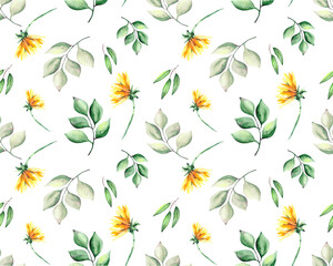 Botanical background with yellow sunflower flowers and green leaves on a white background. Watercolor seamless pattern for textiles, wallpaper, packaging and bed linen.