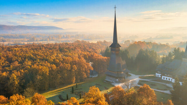 Aerial drone view of the Peri-Sapanta Monastery at sunrise, Romania