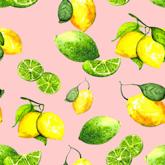 Seamless pattern with juicy lemons and limes. Watercolor background. Bright fruits with green leaves for textiles, wallpaper, dishes and packaging.