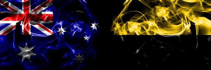 Flags of Australia, Australian vs Germany, Saxony Anhalt. Smoke flag placed side by side on black background