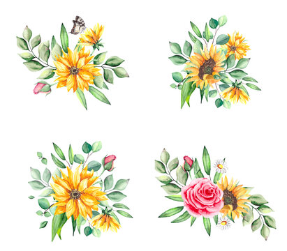 Botanical collection of bouquets with roses, sunflowers, green leaves and eucalyptus. Watercolor set of compositions for the design of postcards and posters.