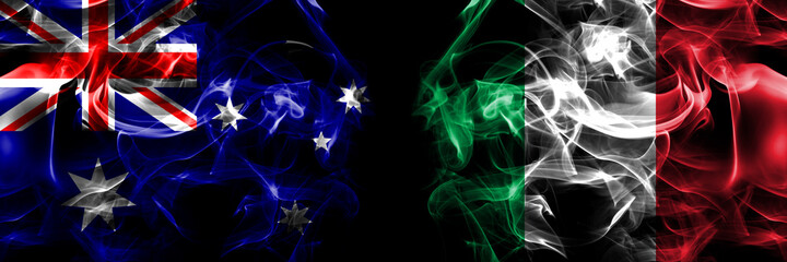 Flags of Australia, Australian vs Italy, Italian. Smoke flag placed side by side on black background