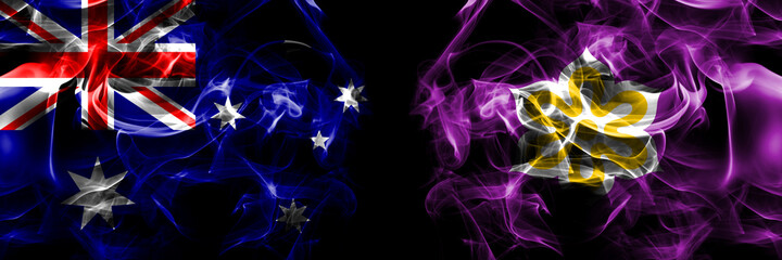 Flags of Australia, Australian vs Japan, Japanese, Kyoto Prefecture. Smoke flag placed side by side on black background
