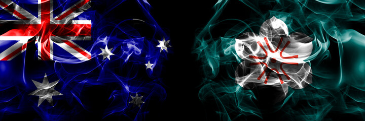 Flags of Australia, Australian vs Japan, Japanese, Saga Prefecture. Smoke flag placed side by side on black background