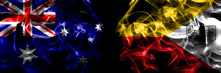 Flags of Australia, Australian vs Marquesas Islands. Smoke flag placed side by side on black background