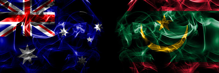 Flags of Australia, Australian vs Mauritania. Smoke flag placed side by side on black background