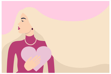 A greeting card. International Women's Day. March 8th. A woman in profile with a heart in her hand. Long hair. The concept of beauty. Tulips. Valentine's day. Mother's Day.
