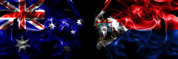 Flags of Australia, Australian vs Netherlands, Dutch, Holland, Sint Maarten. Smoke flag placed side by side on black background