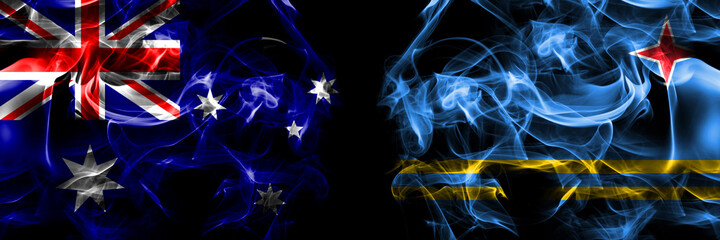 Flags of Australia, Australian vs Netherlands, Dutch, Holland, Aruba. Smoke flag placed side by side on black background