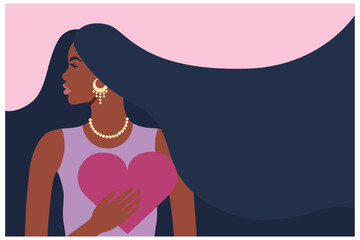 A greeting card. International Women's Day. March 8th. A woman in profile with a heart in her hand. Long hair. The concept of beauty. Tulips. Valentine's day. Mother's Day.