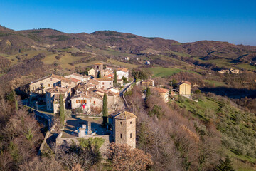 Fototapeta na wymiar Italy January 2022, aerial view of the medieval village of Frontino in the province of Pesaro and Urbino in the Marche region