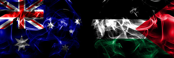 Flags of Australia, Australian vs Palestine, Palestinian. Smoke flag placed side by side on black...