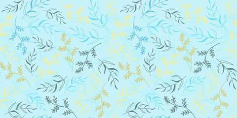 Fototapeta na wymiar seamless botanical spring floral pattern with sprigs in trendy colors. Fantasy Botanical elements twigs and flowers. Vector illustration