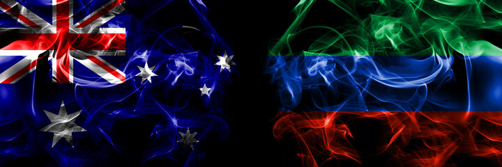 Flags of Australia, Australian vs Russia, Russian, Dagestan. Smoke flag placed side by side on black background