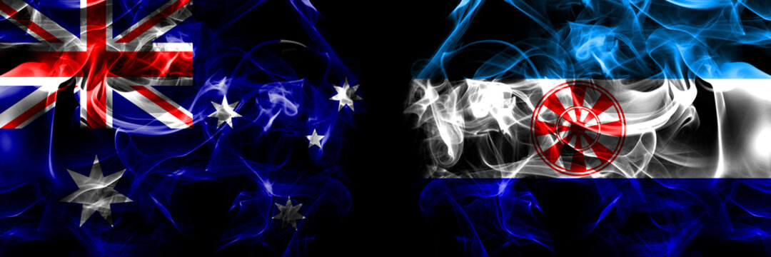 Flags of Australia, Australian vs Russia, Russian, Evenkia. Smoke flag placed side by side on black background